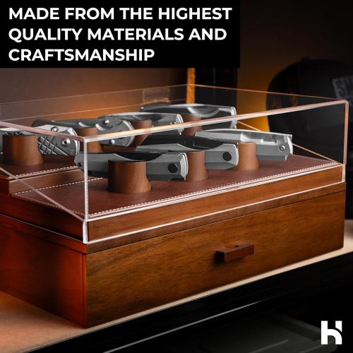 Premium Pocket Knife Display Case for 30 Knives - Large Wooden Knife Organizer, Storage & Holder with Unique Pillars, Hinged Cover, Drawer - Knife Collection Box - Handcrafted for Men