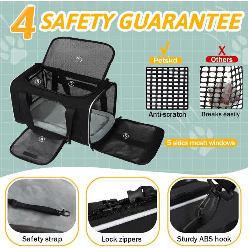 Petskd Pet Carrier 17x12x8.5 JetBlue Allegiant Airline Approved,Pet Travel Carrier Bag for Small Cats and Dogs, Soft Dog Carrier for 1-8 LBS Pets,Dog Cat Carrier with Safety Lock Zipper(Black)