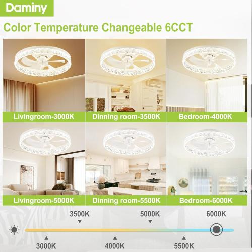 DAMINY 20inch White Ceiling Fans with Lights and Remote, 6CCT, Dimmable Smart Low Profile Ceiling Fan with Light, 6 Speeds Flush Mount Modern Bladeless Ceiling Fan for Bedroom