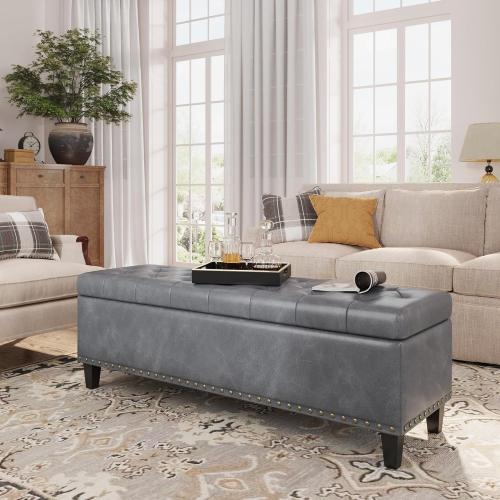 Size 51 Color Grey Large Storage Bench, 51-Inch Ottoman for Bedroom End of Bed, 30 Gallons Faux Leather Bench for Bedroom, Living Room, Entryway, Hallway, Grey