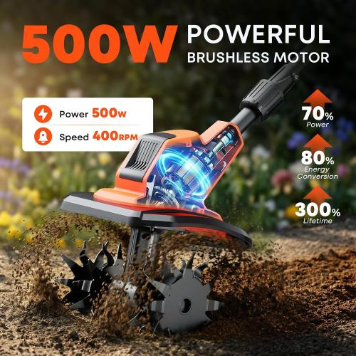 Cordless Electric Garden Tiller Cultivator, 6000mAh Battery Powered Tiller, Lightweight Rototiller for Gardening, 9.5In Tilling Width ＆ 7In Depth, Cultivators for Gardening/Weeding/Soil Cultivation