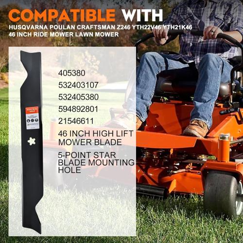 Hipa 532405380 46 Inch Mower Blades Replace for 405380 yth22v46 Blades | Fit Z246 YTH22V46 RZ4623 YTH21K46 YTA22V46 Blades Husqvarna Craftsman Poulan Pro 46 inch Lawn Mower 5-Point Star Hole 2 Pack