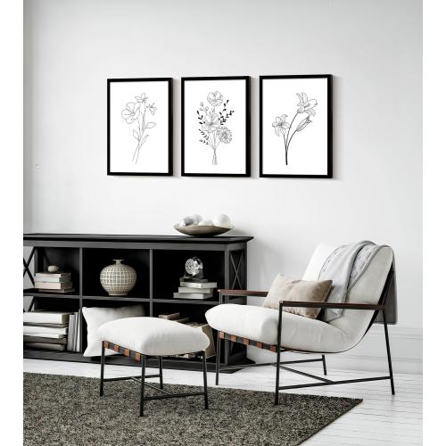 Framed canvas black and white floral wall art three-piece set, decorative painting, simple plant poster, line drawing, flower print, painting decoration suitable for living room and bedroom 16x24 inches.