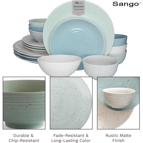 Sango Siterra Artist's Blend 16-Piece Stoneware Dinnerware Set for 4, Green, Cream & White Glossy Dishes with Speckles, Ceramic Plates and Bowls Sets for Everyday Dining, Microwave & Dishwasher Safe