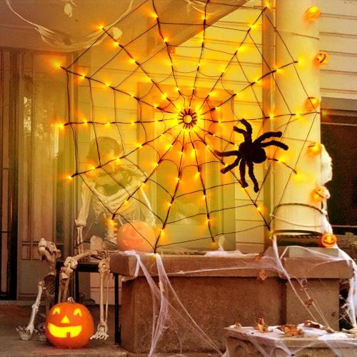 Orange & Purple EAMBRITE Halloween Spider Web Lights with 84LED Orange/Purple Lights, Light up Cobweb with Black Spider, Halloween Decorations for Room Proch Window Garden Indoor and Outdoor
