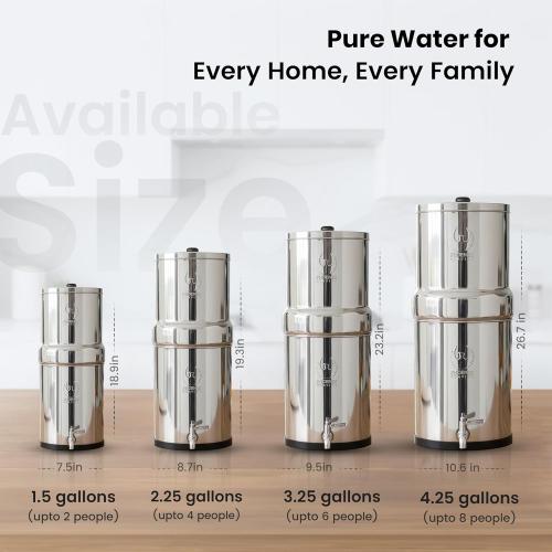 2.25 G | Gravity Water Filter | NSF Certified | AISI 304 Stainless Steel Countertop Water Filter | 2 Carbon Filters | Steel Spigot | Manual Install | No Electricity or Plumbing Required | Portable