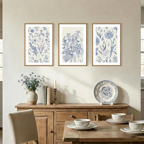 KAIRNE Navy Blue and White Floral Framed Canvas Wall Art Set,Chinoiserie Flower Wall Decor,Watercolor Botanical Art Prints,Modern Wildflower Artwork for Living Room,Bedroom,Farmhouse,Office-16 x24 x3