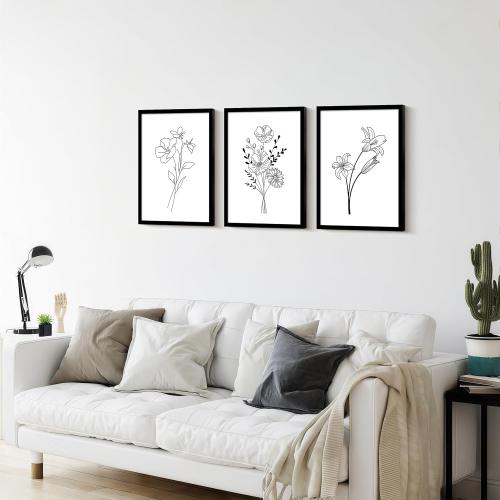Framed canvas black and white floral wall art three-piece set, decorative painting, simple plant poster, line drawing, flower print, painting decoration suitable for living room and bedroom 16x24 inches.