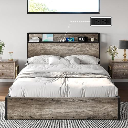 Size Queen Color Grey  Size Lift Up Storage Bed Frame, Wooden Platform Bed Frame with Lifting Storage & Charging Station, No Spring Box Needed/Noise Free, Rustic Grey