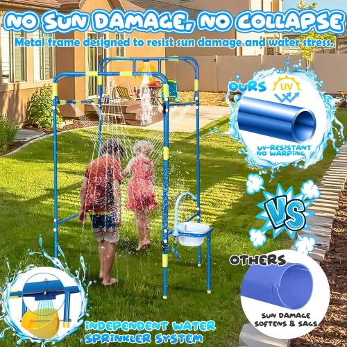 Backyard Waterpark for Kids, Heavy-Duty Steel Water Park Sprinkler Toy Game with Splash Buckets, Collapsible Wash Basin & Water Faucets, Water Play Activities Outdoor Summer Toys