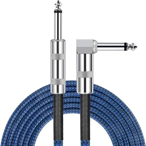 JOLGOO 1/4 Inch Cable Guitar Cable 10 Ft Straight to Right Angle 1/4 Inch 6.35mm Plug Bass Keyboard Instrument Cable Blue and Black Tweed Cloth Jacket, Electric Mandolin, pro Audio