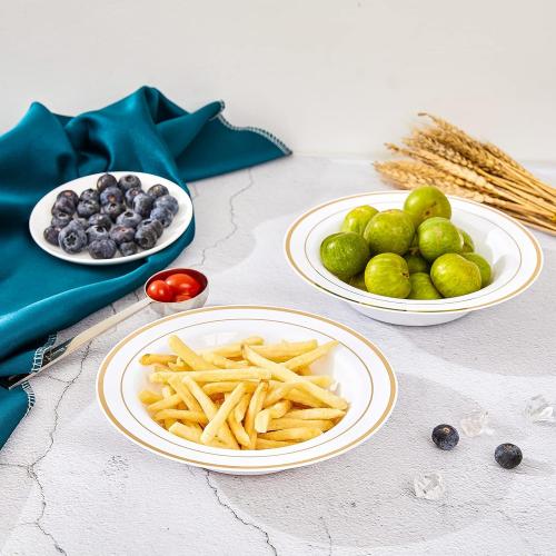 N9R 60PCS Disposable Plastic Bowls with Gold Rim, 12 oz Fancy White Plastic Bowls, Premium Dessert Salad Bowls Perfect for Party, Wedding and Everyday Use