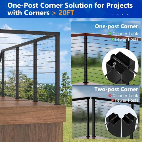 2Pack 42 T304 Stainless Steel T-Drilled Corner Post Cable Railing Black(Post 41x2x2), 3-Sides Flat Top One-Post Corner Solution, 90° Drilled Post with Cable Grommets for Corner Railing