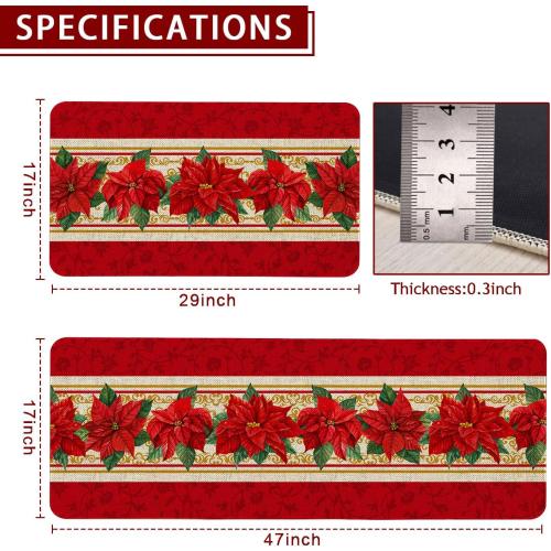 Red Poinsettia Flower Kitchen Rugs and Mats Set of 2, Winter Holiday Xmas Washable Non-Slip Floor Mats for Christmas Kitchen Decor - 17x29 and 17x47 Inch