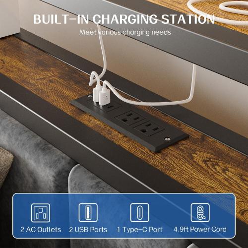 Full Size Platform Bed Frame with LED Lights, Charging Station, Grey Upholstered Headboard with 2-Tier Storage Shelves, Noise Free, No Box Spring Needed