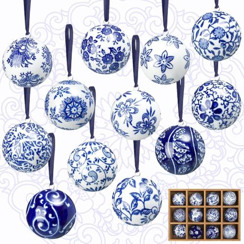 Cindeer 9 Pcs Blue and White Christmas Porcelain Balls 2.4 Inch Porcelain Chinoiserie Ornament Bulk Christmas Ceramic Hanging Decorative for Tree Home Xmas Party (Elegant Style)