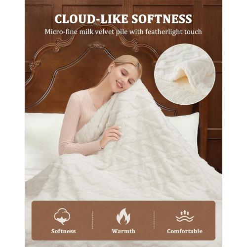 CAROMIO Electric Blanket Queen Size Dual Control - Thick Tufted Sherpa Heated Blanket Queen with 10 Heating Levels and 10 Time Settings, ETL Certified Fast Heating Blanket Queen Size 84×90, White