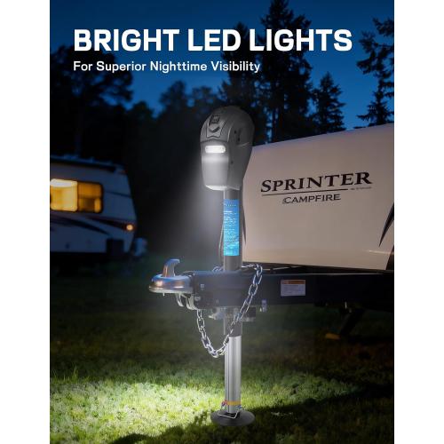 POLESTAR Electric Trailer Jack, 5000lbs Electric Power A-Frame Tongue Jack with Waterproof Protective Cover & LED Light for Travel Trailer Camper, RV, 12V DC with Hard Wiring, 9-27 Lift