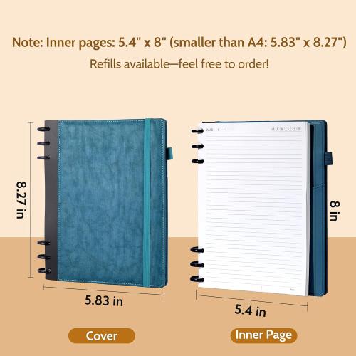 Yoment Refillable Notebooks for Work 5 Subject with Removable Dividers Tabs 224 Pages Hardcover Leather Journals for Writing Small Discbound Planner Colleged Ruled Paper for Women Men 6.1 x 8.3,Blue