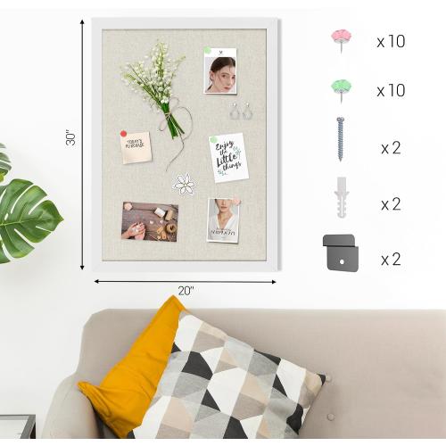 Board2by White Cork Board Bulletin Board with Linen, Wood Framed 30 x 20 Corkboard, Office Board for Wall Decor, Wall Mounted Pin Board Picture Board with 20 Pushpins for School, Home & Office