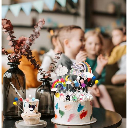 36  Pcs Kawaii Cake Decorations - Rainbow Clouds & Balloon Ball Cartoon Cake Topper - Parties Theme Supplies For Kids - Happy Birthday Cake