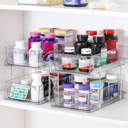 Color Clear Set of 2 Set, 2 Tier Clear Organizer with Dividers for Cabinet, Shlef, Counter - MultiUse Slide-Out Storage Container - Kitchen, Pantry, Medicine Cupboard Bins, Bathroom, Vanity Makeup, Under Sink Organizing