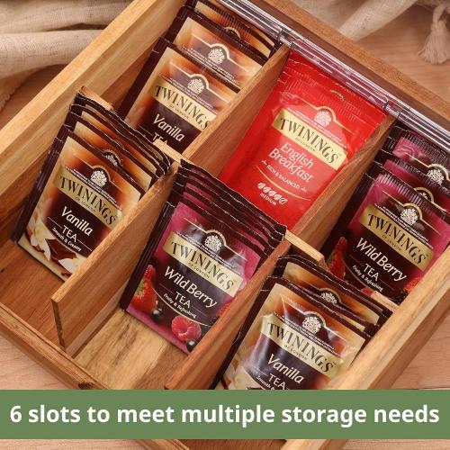HTB Acacia Wood Tea Bag Organizer Storage, Gift Box 6 Compartments Tea Chest Box with Acrylic Transparent Hinged Lid