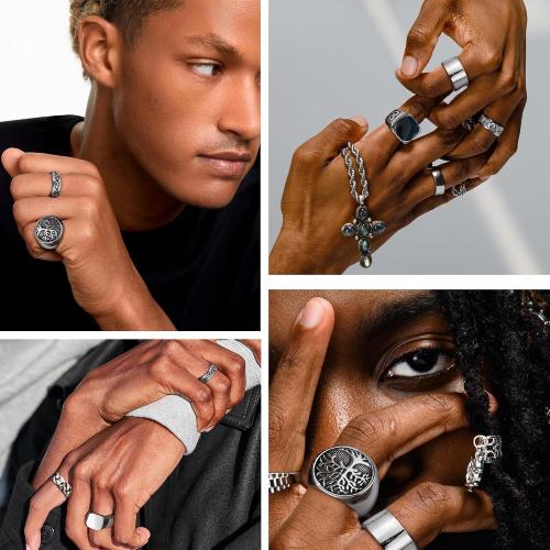 MEDOJO 10 Pcs Men's Stainless Steel Vintage Signet Ring Square Pinky Thumb Chunky Thin Band Ring Vintage Biker Band Rings Set 7-13