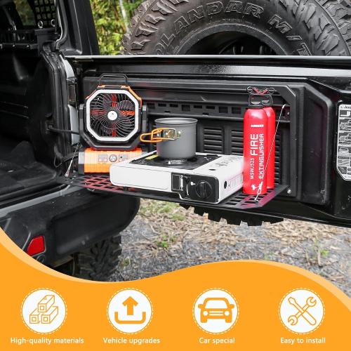 Tailgate Table Storage Rack Compatible with Jeep Wrangler 2007-2018 JK JKU & 2018-2025 JL JLU 4 Doors, Foldable Rear Cargo Shelf MOLLE Panel Camping Desk Organizer(Not fit with Low Speaker JK Models)