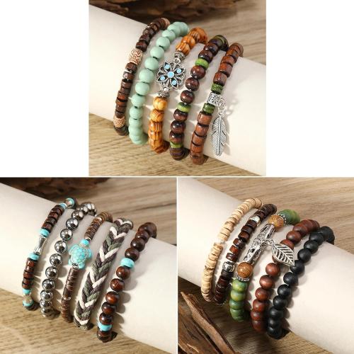 SONNYX 30Pcs Punk Wooden Beads Bracelets Gothic Bracelet for Men Adjustable Vintage Beaded Bracelet Metal Set Wood Bangles Wristbands Commemorative Gift