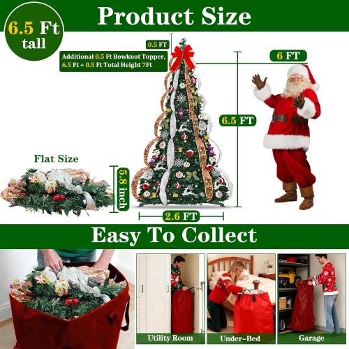 6.5 FT Prelit Pop Up Christmas Tree with 220 Warm White & Multicolor Lights 8 Modes & Timer Fully Decorated 103 Ornaments, Collapsible Pull Up Christmas Tree with Lights for Indoor Home Party Decor