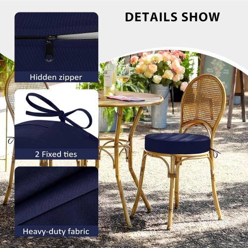 Cozyide Waterproof Outdoor Bistro Chair Cushions with Non-Slip Ties, Thickened Round Outdoor Cushions with Removable Covers, 4 Pack, 15x15x3, Navy