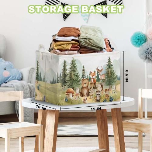 Cute Animals Storage Baskets, Woodland Nursery Decor, Woodland Baby Shower Decorations, Large Squarecanvas Laundry Hamper With A Waterproof PECoating, Foldable Kids Toy Clothes Bins for Bedroom