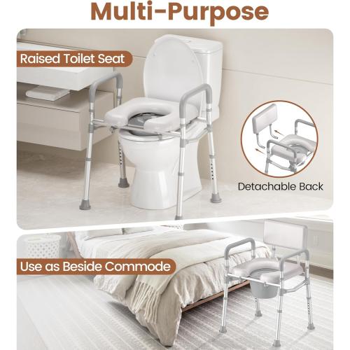SOUNDFUSE Bedside Commode Chair with Padded Seat and Backrest, Aluminum Dual-Crossbar, Height Adjustable, Portable Toilet for Seniors and Adults, Potty Bucket and Splash Guard, 350 lbs Weight Capacity