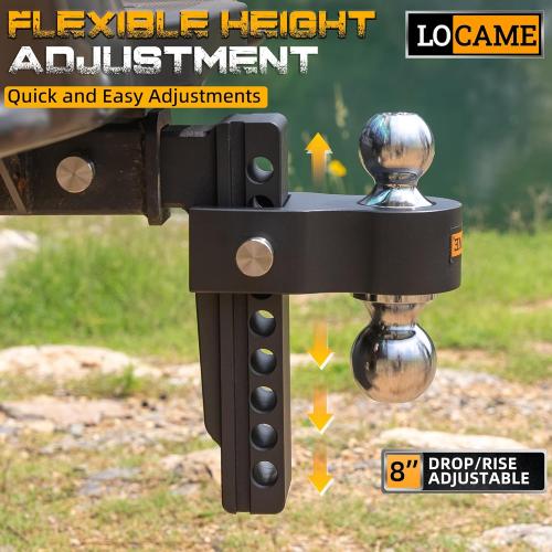 LOCAME Adjustable Trailer Hitch, Fits 2.5-Inch Receiver Only, 8-Inch Drop Aluminum Drop Hitch,18,500 LBS GTW-Tow Hitch for Heavy Duty Truck with Double Stainless Steel Locks, Black, LC0019