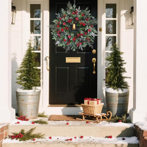 30inch Christmas Wreath, Artificial Winter Wreaths for Front Door with Bell Pinecone Berries for Outdoor Indoor Wall Tree Table Farmhouse Holiday Wedding Birthday Party Decorations