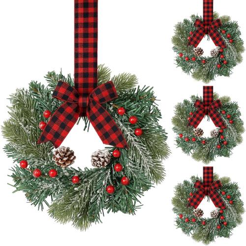Jexine 4 Pieces Mini Christmas Wreaths for Kitchen Cabinet Small Christmas Candle Rings Wreaths Pillars Candle Rings Table Centerpieces Hanging Garlands for Front Door Window Decor (No Red Ribbon)