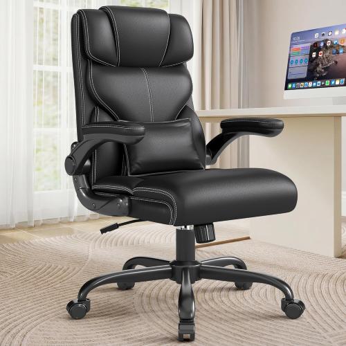 Executive Office Chair with Flip-up Armrests,Ergonomic Computer Desk Chairs,Mid-Tall Back Leather Office Chair,Lumbar Support Swivel PC Chair with Rocking Function
