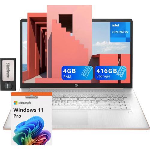 HP 17.3 HD  BrightView Laptop, Intel Celeron N4120, 4GB DDR4 RAM, 416GB Storage (256GB SSD   160GB Docking Station Set), Intel UHD Graphics, Num Pad, 720p Camera, Wi-Fi, Win 11 Pro, Silver