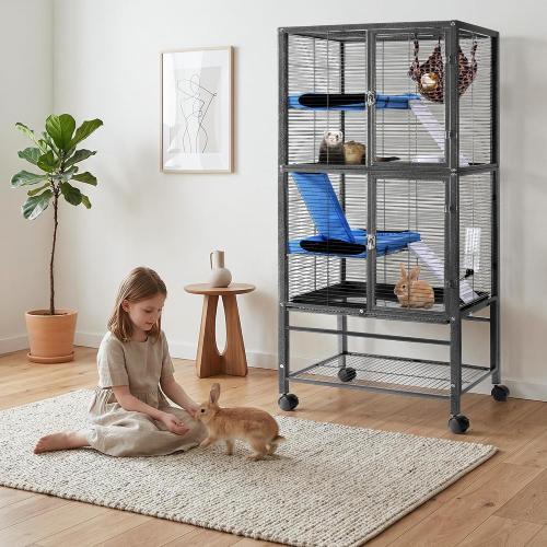 HABUTWAY 55''H Large Metal Rolling Ferrets Cage, Cage for Rats/Chinchillas, 0.5'' Bar Spacing for Ferret,Small Animal Cage w/Removable Ramp & Platform