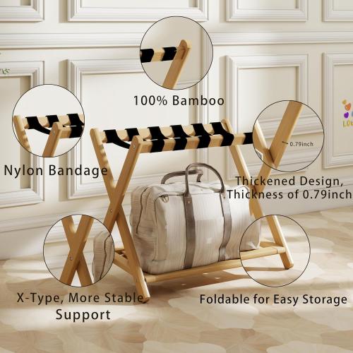 Luggage Rack, Foldable Suitcase Stand with Storage Shelf and 5 Heavy-Duty Straps, Bamboo Luggage Holders for Guest Room, Bedroom and Hotel - Natural