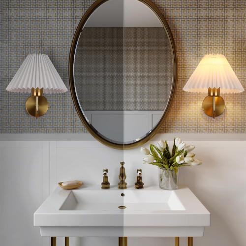 Gold Wall Sconces Sets of 2, Indoor Wall Light Fixtures with Fabric Lampshade, Pleated Fabric Wall Lamp Dresser Hardwired Lamp Wall Lighting Fixture for Bedroom Living Room Porch Dining Room