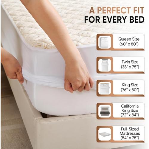 Luxury Quilted Organic Cotton Mattress Protector Full Size - 380 GSM Waterproof & Breathable Pad - Deep Pocket Fitted Cover - Soft & Silent Protection (Cotton Filling)