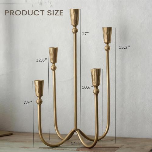 Large Iron Candelabra Centerpieces for Tables, 17.7'' Tall Taper Candle Holders, Vintage Brass Gold Candlestick Holders, Antique Fireplace Mantel Decorations for Living Room, 5 Arms