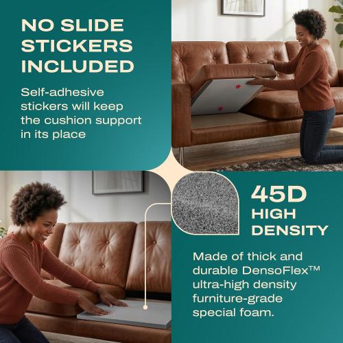 Couch Cushion Support for Sagging Seat, Couch Support for Sagging Cushions, Sofa Cushion Support, 3 Pack 20 x 20 x 2 Inch 45D High Density Foam Cushion Support, Non-Slip Stickers Included, Grey
