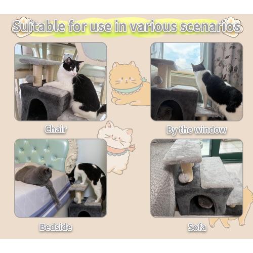 3-in-1 Pet Stairs for Cats for High Bed, Adjustable Dog Steps, Modular 3-Tier, Cushioned Steps & Big Cat Condo, Adjustable Entrance, Dangling Ball, for Kittens, Senior & Fat Cats (Grey, Large)