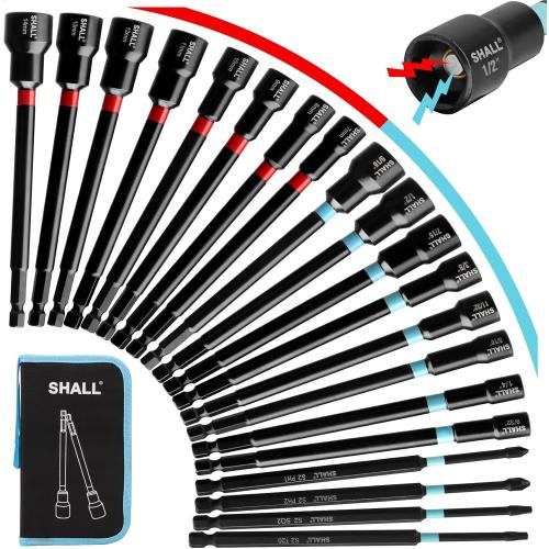 SHALL 20PCS Magnetic Nut Driver Set, 6” Long Nut Drivers for Impact Drill, SAE & Metric 1/4” Hex Shank Nut Driver Bit & Impact Drill Driver Bit w/Power Screwdriver Bits PH1/PH2/SQ2/T20, Storage Bag