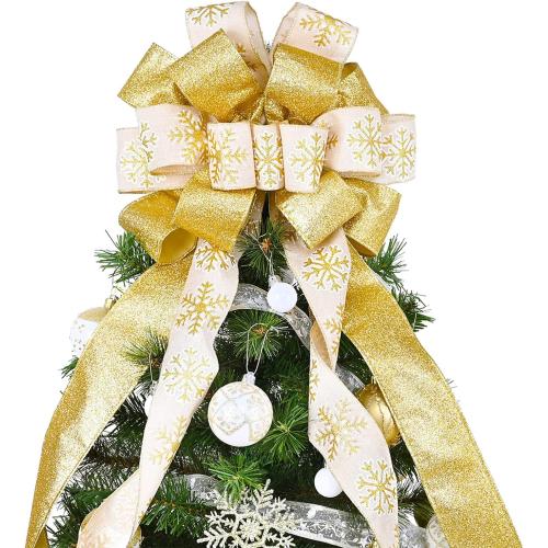 Christmas Tree Topper, 40x13 Inches Toppers Bow with Glitter Satin Mesh Streamer and Patterned Ribbon, Christmas Tree Topper Bow for Christmas Home Decoration (Gold)