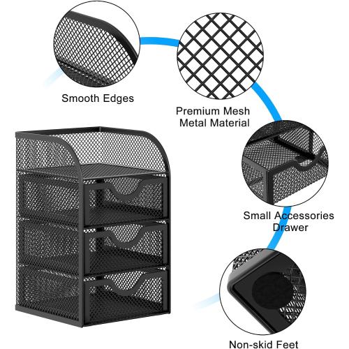 EasyPAG Mesh Desk Organizer with 3 Drawer Office Desktop Organizers and Accessories Stationery Caddy for Office, Home, Students, Black