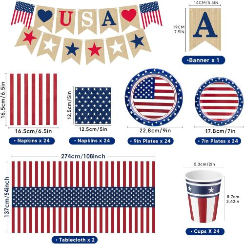 OHOME Fourth of July Decorations - Serve 24 - Patriotic Plates Tablecloth Napkins Cups Banner | 4th of July Accessories for Home Outdoor Memorial Day | America 250th Merchandise Anniversary